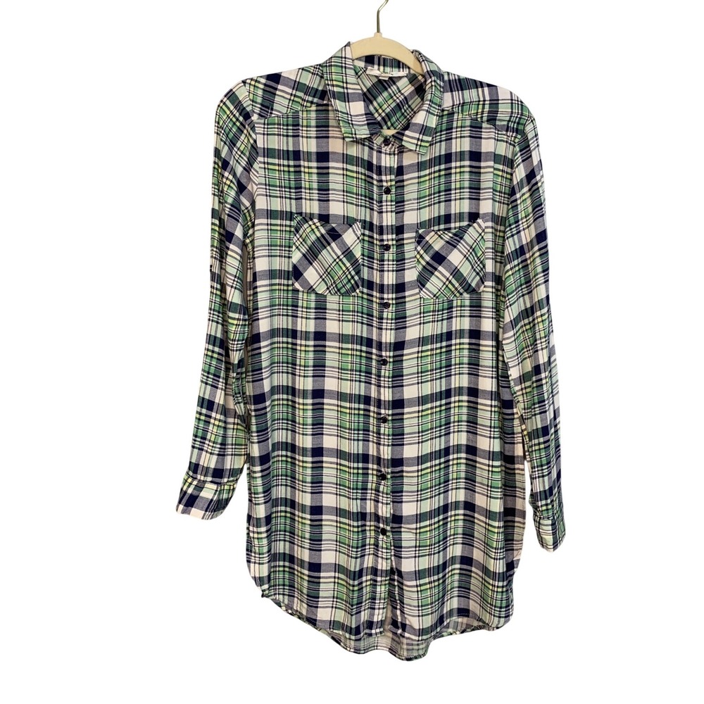 Entro Plaid Button Up Tunic Shirt Long‎ Sleeve Roll Tab Green Navy Women's L